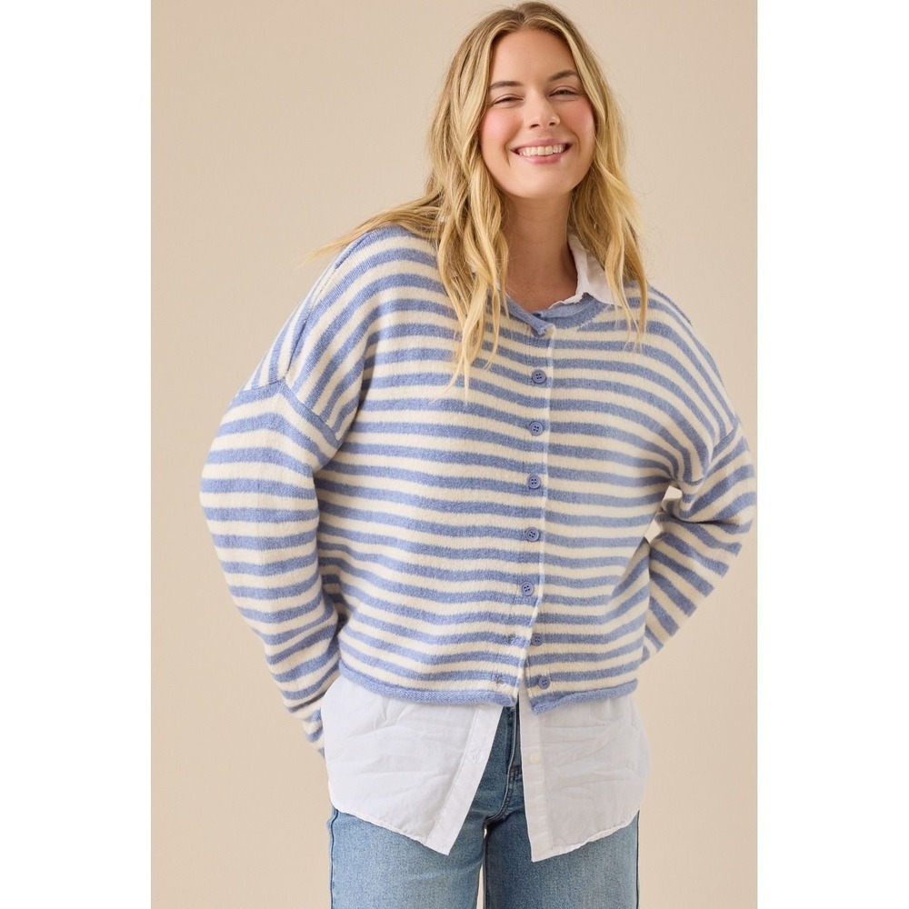 Altar'd State Blue and Cream Striped Button Up Cardigan Sweater Size Medium